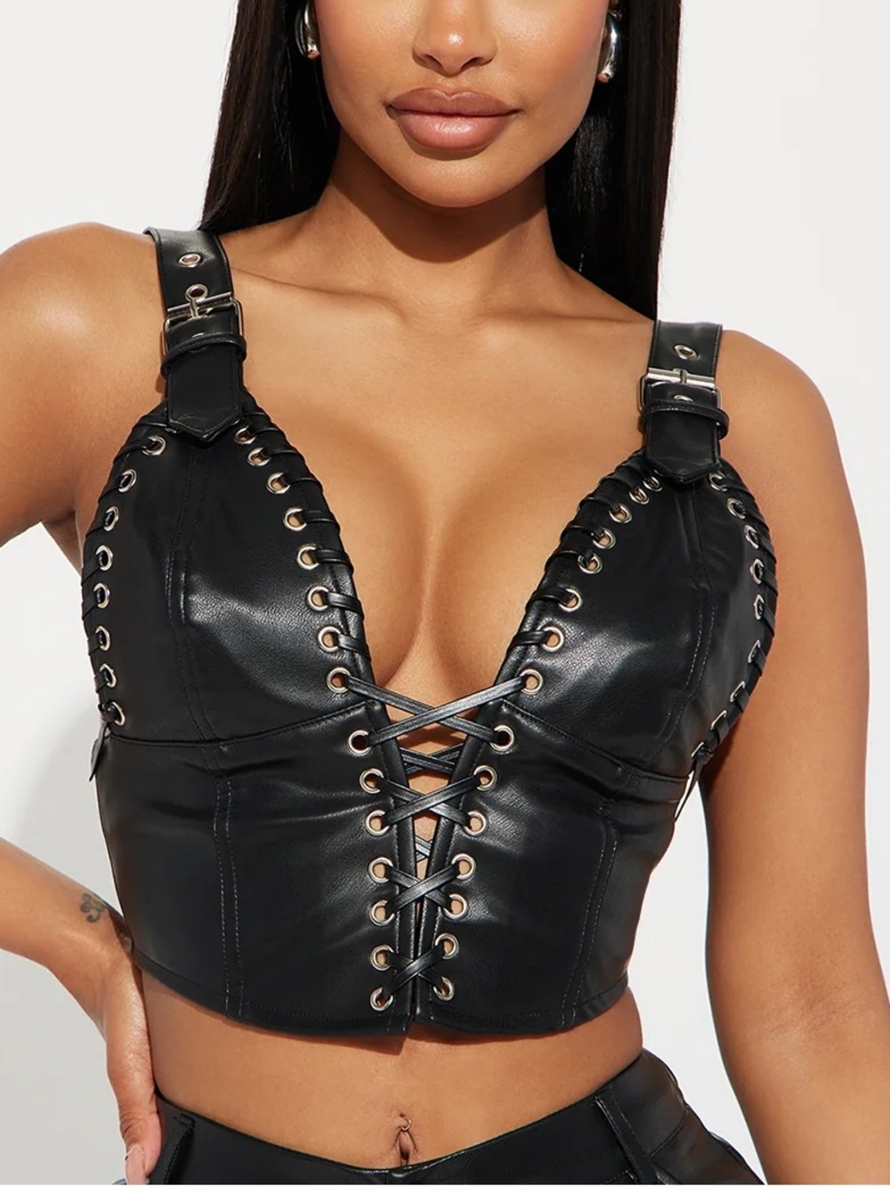 Signature 8 Black Faux Leather Lace-Up Crop Bralette Medium NWT